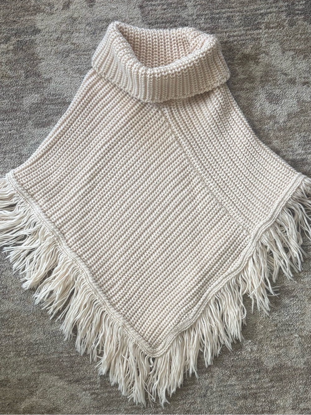 Cream Turtleneck Fringe Knit Poncho for Kids